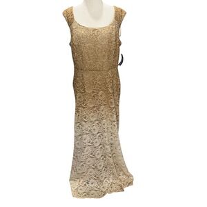 R & M Richards Maxi Dress Tan Gold Glitter Floral Lace Special Occasion Gown 14